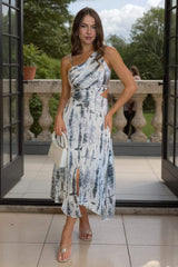 Grey Printed Strap Detail Asymmetric Cut Out Midi Dress