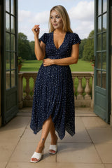 Navy Polka Dot Print Wrap Top Zig Zag Hem Pleated Midi Dress