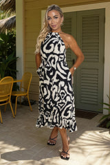 Black And White Abstract Print Racer Neck Frill Hem Midi Dress