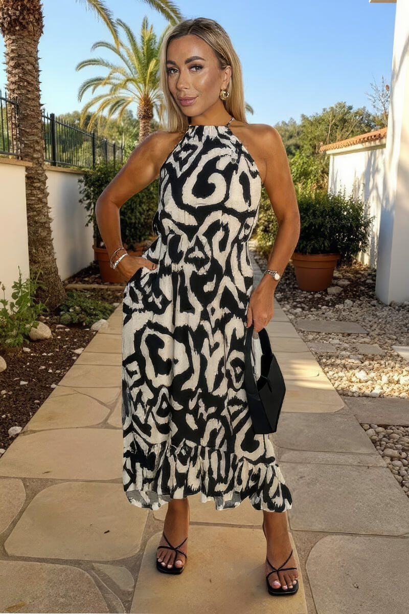 Black And White Abstract Print Racer Neck Frill Hem Midi Dress