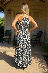 Black And White Abstract Print Racer Neck Frill Hem Midi Dress