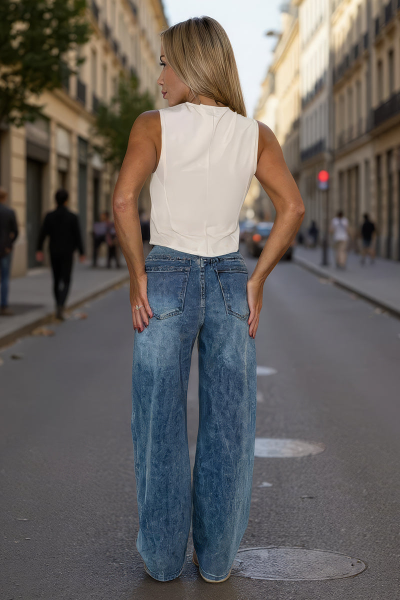 Vintage Wash Asymmetric Waist Wide Leg Jeans
