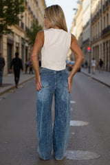 Vintage Wash Asymmetric Waist Wide Leg Jeans