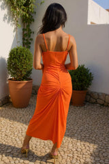 Burnt Orange Strappy Wrap Top Knot Skirt Midi Dress