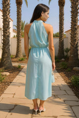 Duck Egg Halter Neck Dipped Hem Midi Dress