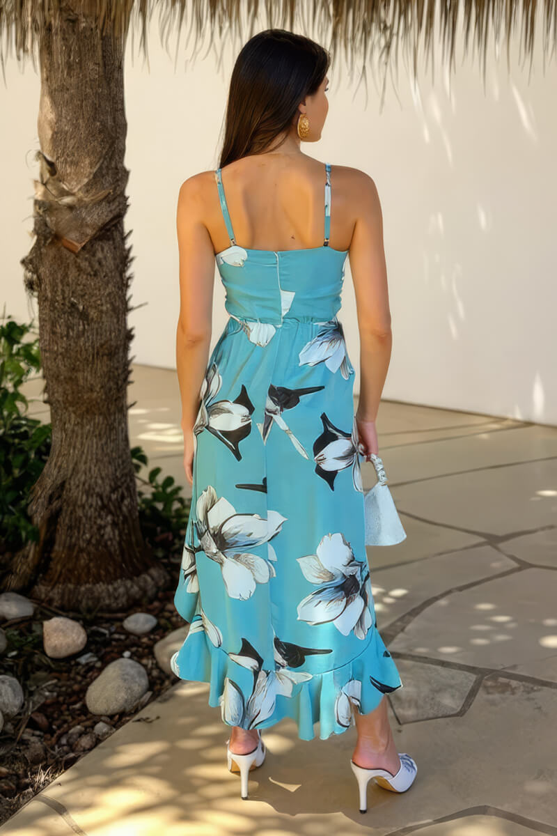 Duck Egg Floral Print Racer Neck High Low Frill Hem Midi Dress