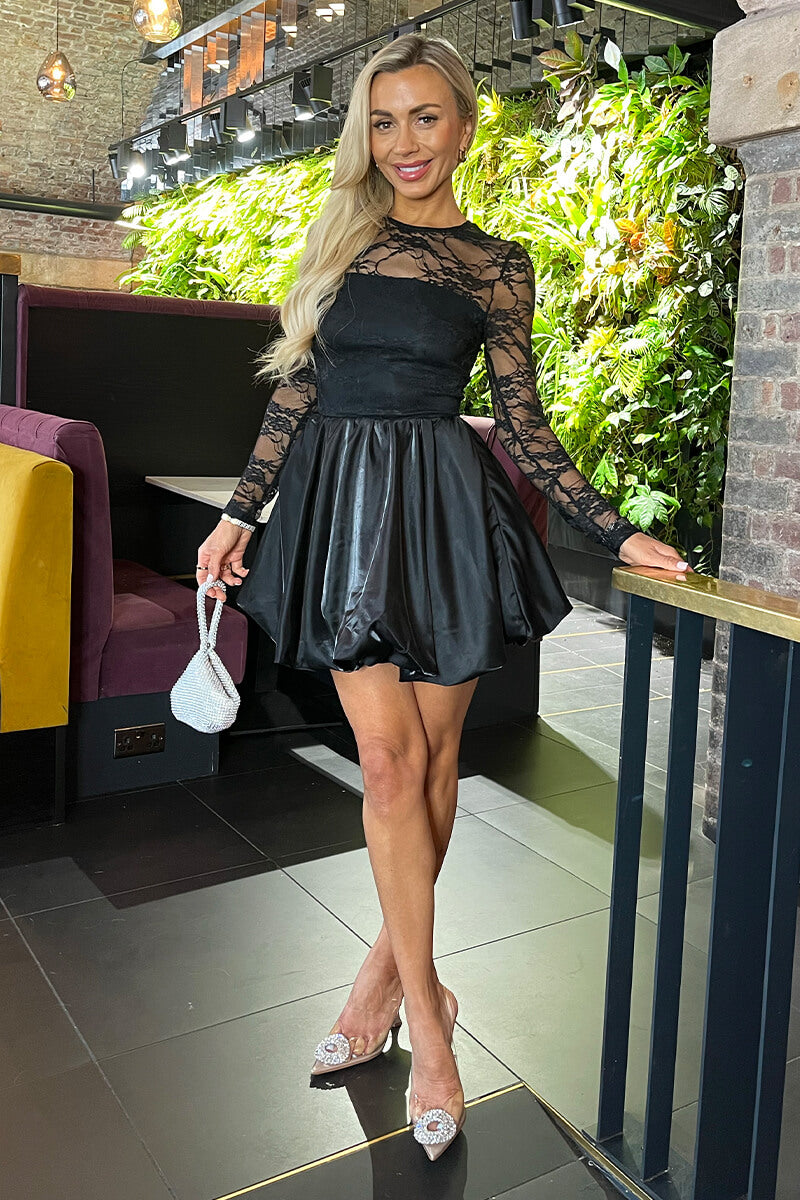 Black 2 in 1 Lace Top Bubble Hem Mini Dress