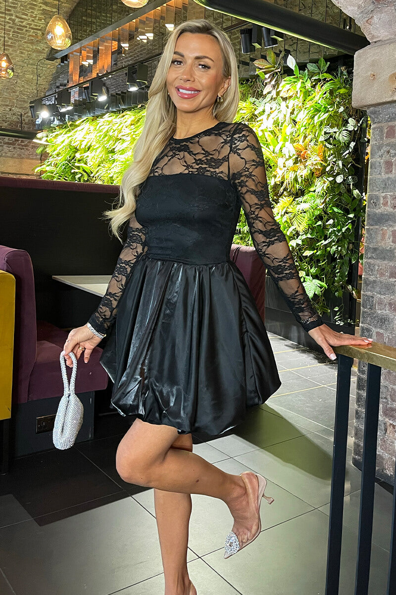Black 2 in 1 Lace Top Bubble Hem Mini Dress