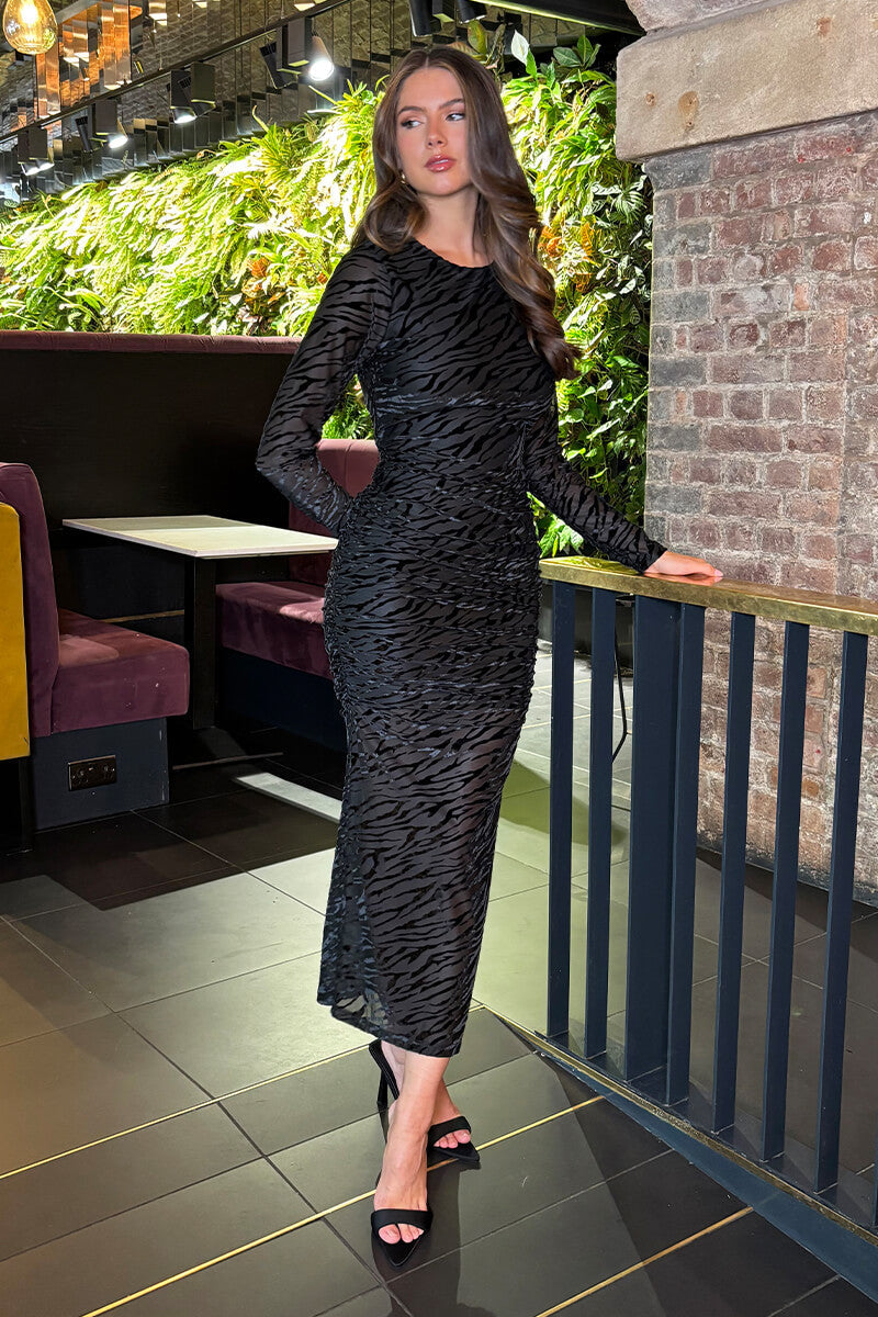 Black Velvet Zebra Striped Overlay Long Sleeve Midi Dress