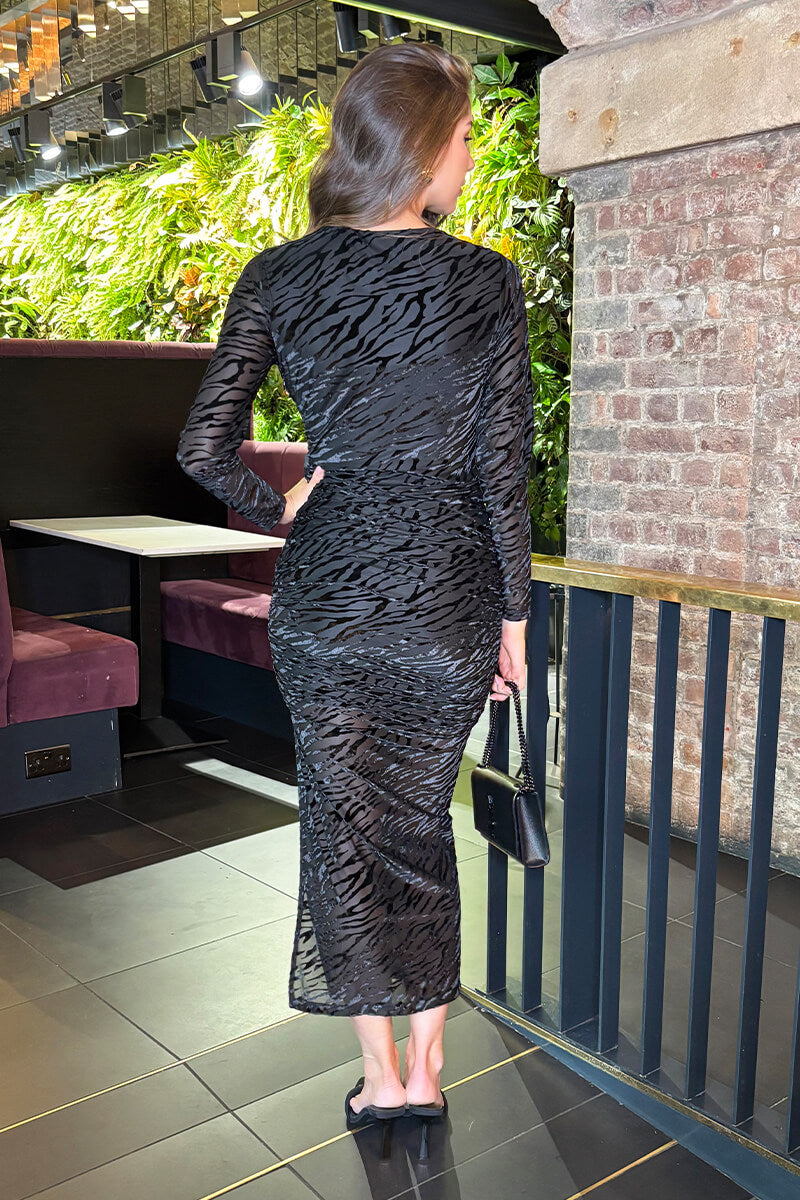 Black Velvet Zebra Striped Overlay Long Sleeve Midi Dress