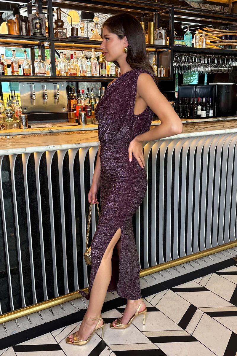 Plum Sparkle Off The Shoulder Draped Top Midi Dress