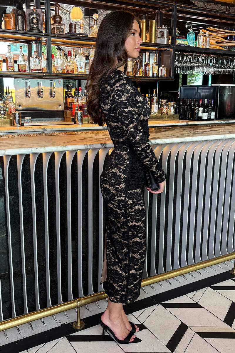 Black Lace Contrast Draped Waist Midi Dress