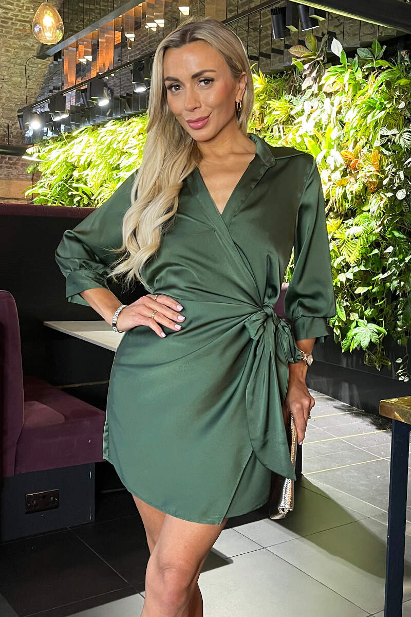 Olive Satin Tie Waist Wrap Shirt Mini Dress