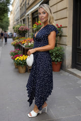 Navy Polka Dot Print Wrap Top Zig Zag Hem Pleated Midi Dress