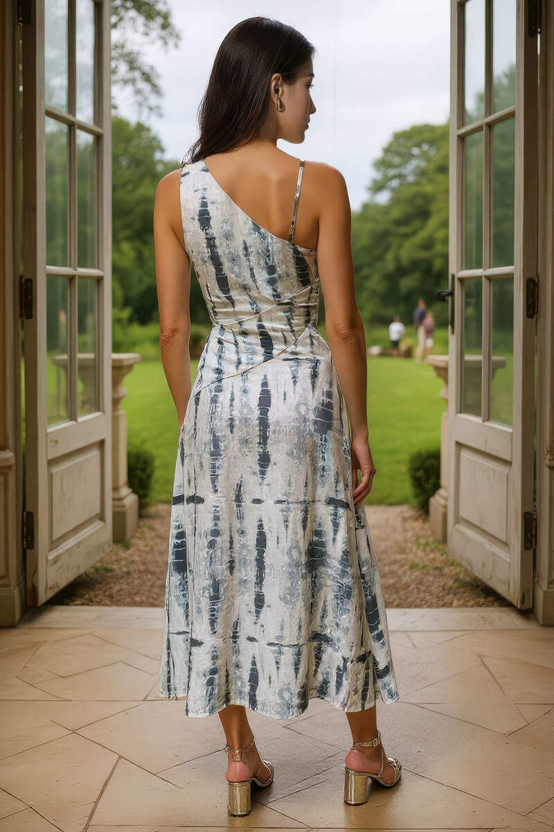 Grey Printed Strap Detail Asymmetric Cut Out Midi Dress