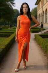 Burnt Orange One Shoulder Knot Skirt Midi Dress