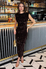 Chocolate Velvet Sequin Round Neck Midi Dress