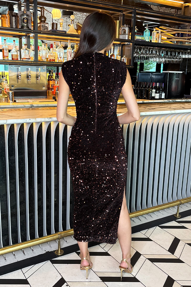 Chocolate Velvet Sequin Round Neck Midi Dress