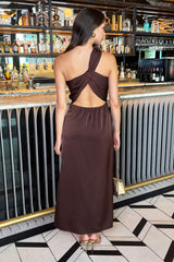 Chocolate One Shoulder Open Back Twist Detail Midi Dress
