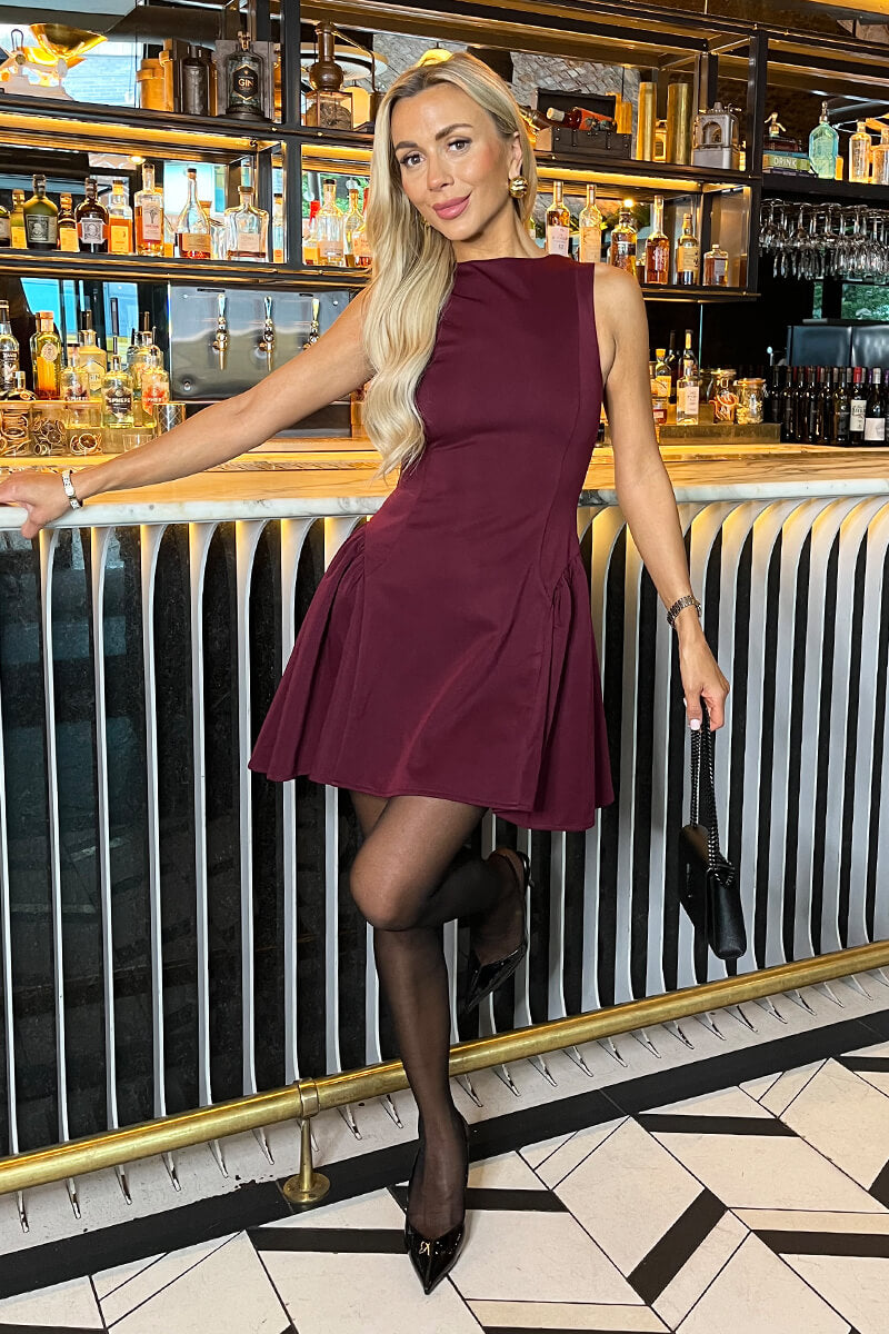 Plum Round Neck Pleated Hip Mini Dress