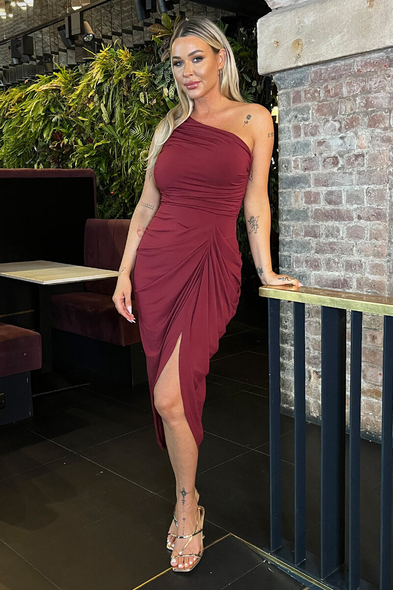 Burgundy One Shoulder Gathered Skirt Midi Dress