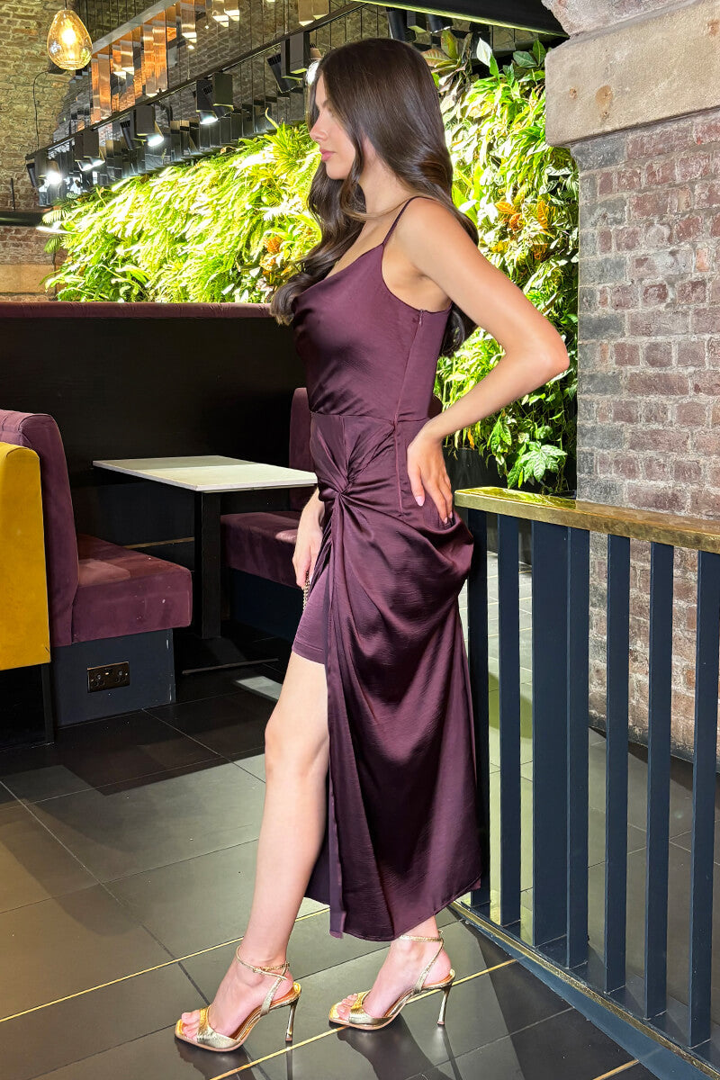 Dark Plum Satin Cowl Neck Knot Skirt Midi Dress