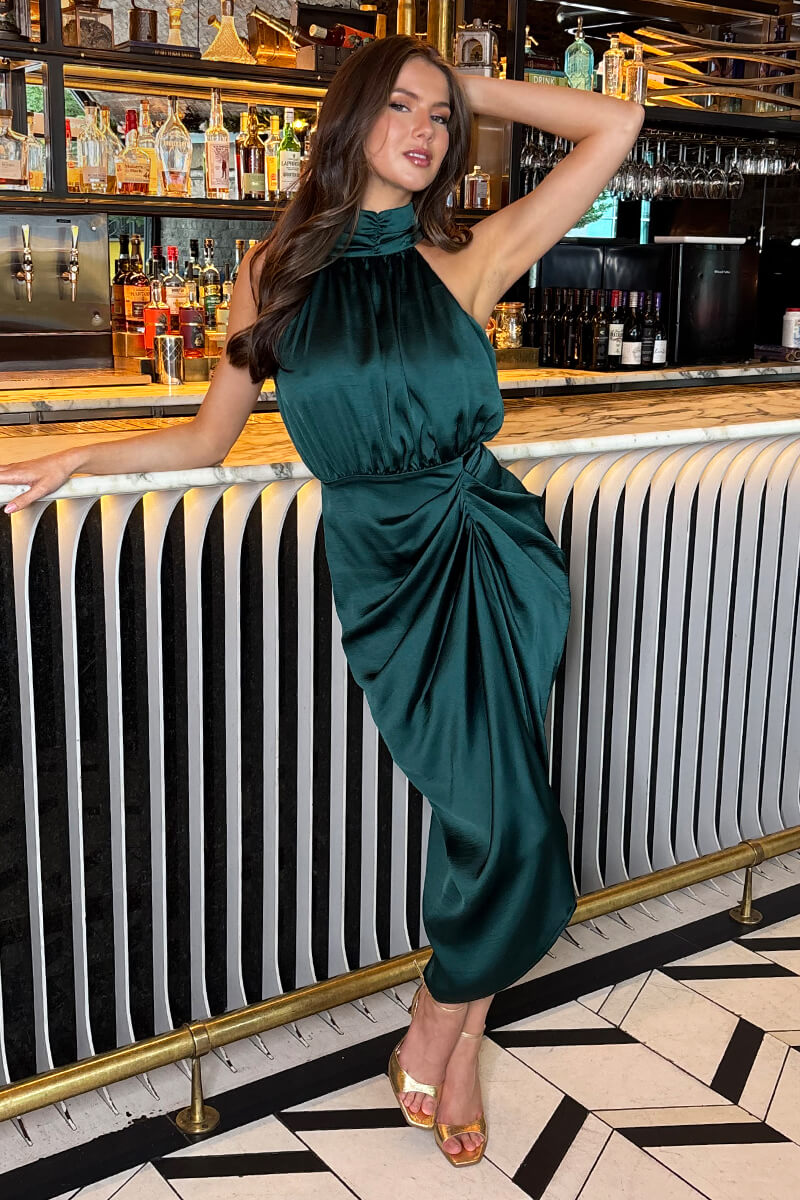 Teal Halter Neck Gathered Skirt Midi Dress