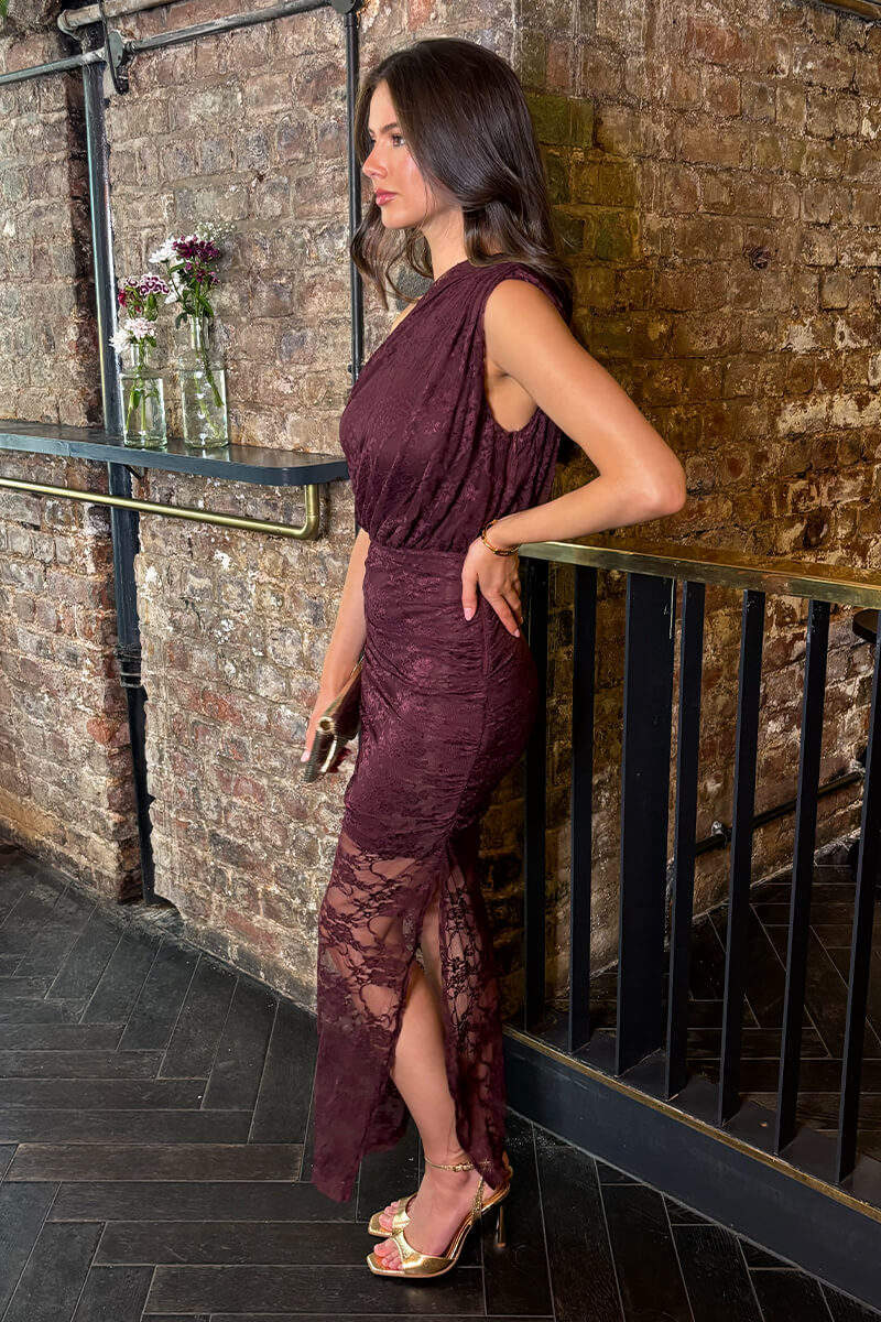 Plum Lace Overlay Off The Shoulder Midi Dress