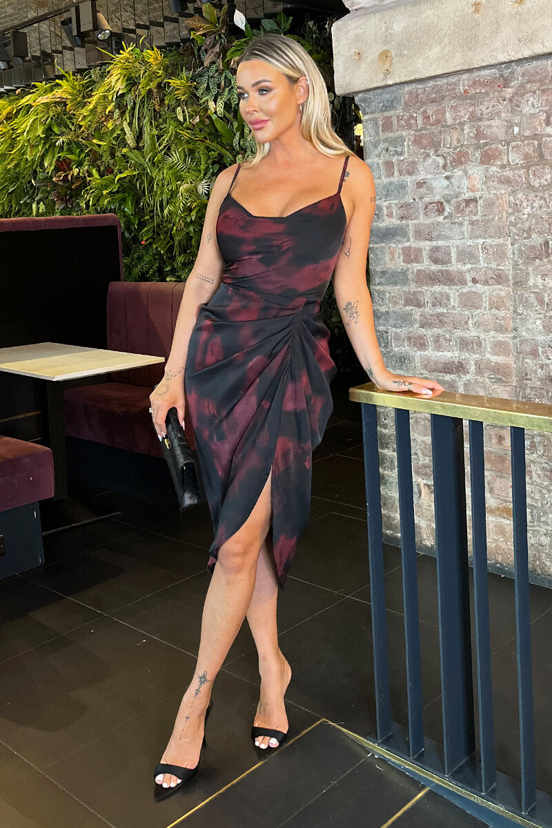 Burgundy And Black Smudge Print Strappy Gathered Skirt Midi Dress