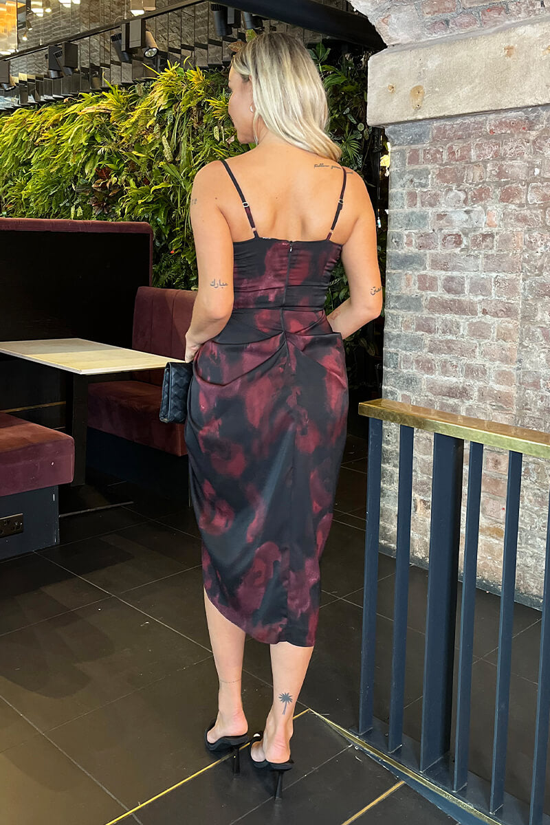 Burgundy And Black Smudge Print Strappy Gathered Skirt Midi Dress
