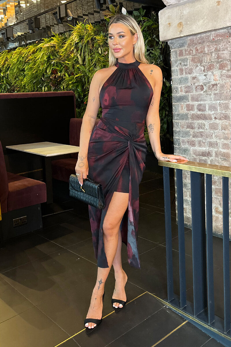 Burgundy And Black Smudge Print Halter Neck Knot Skirt Midi Dress