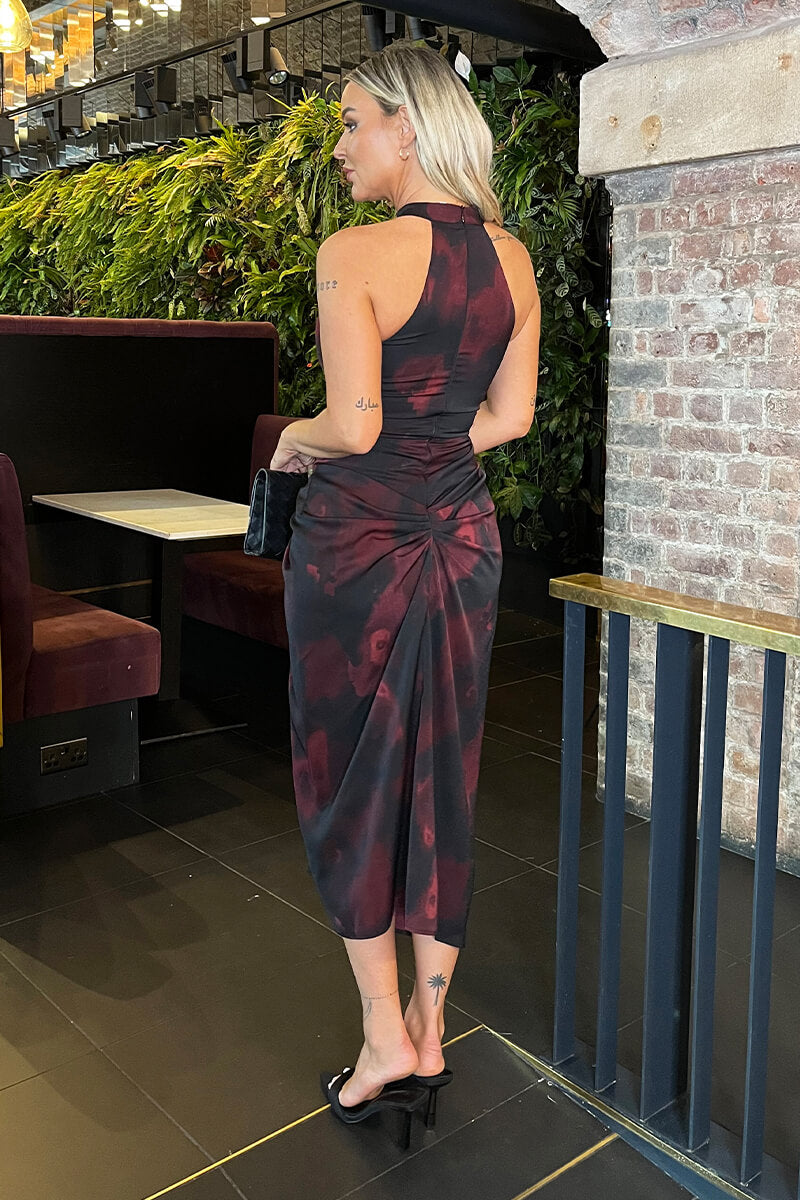 Burgundy And Black Smudge Print Halter Neck Knot Skirt Midi Dress