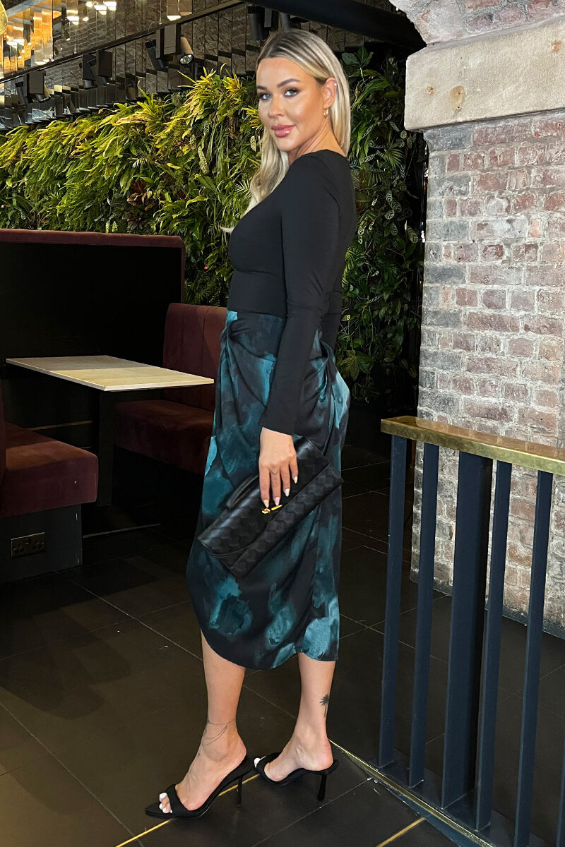 Teal And Black Smudge Print 2 in 1 Gathered Skirt Midi Dress