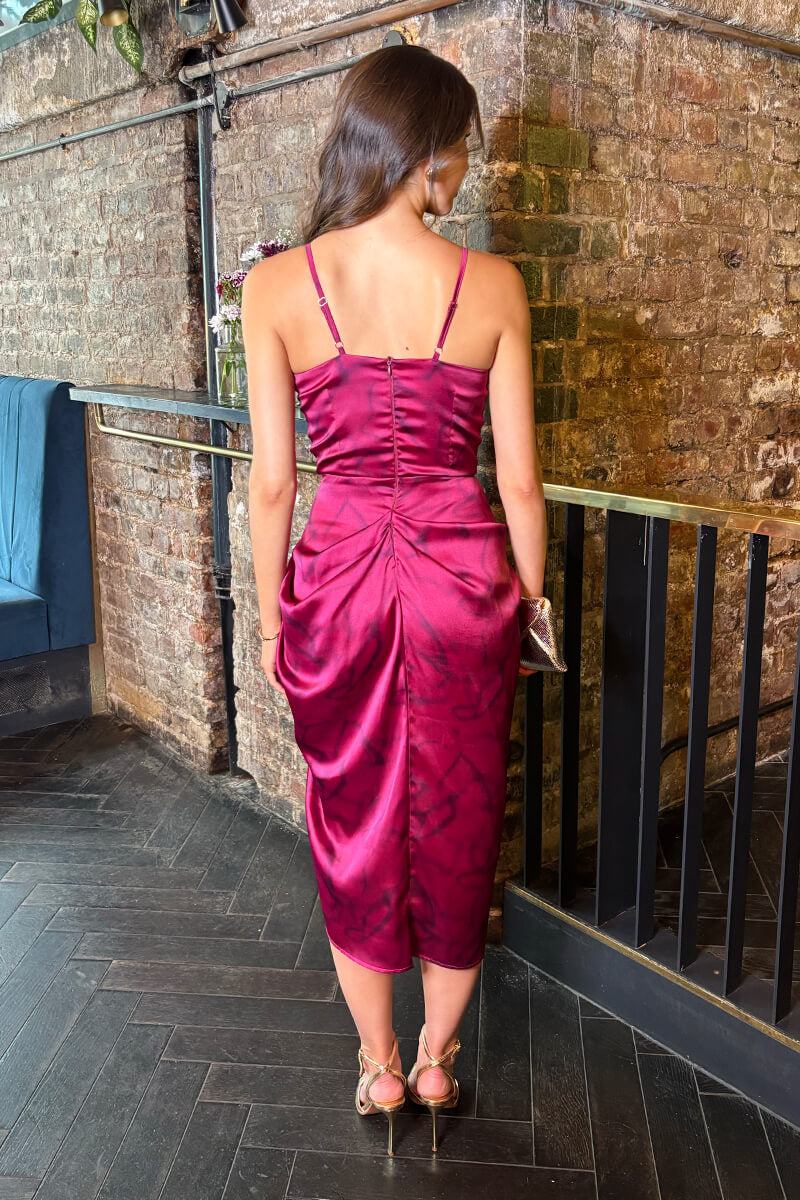 Magenta Marble Print Strappy Cowl Neck Gathered Skirt Midi Dress