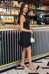 Black Round Neck Pleated Hip Mini Dress