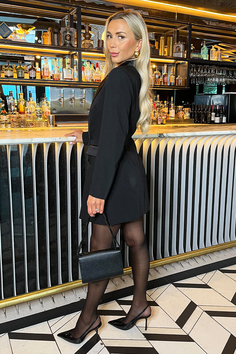 Black Satin Collar Fitted Blazer Mini Dress