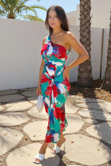 Multi Tie Dye Printed One Shoulder Knot Skirt Midi Dress