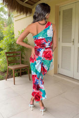 Multi Tie Dye Printed One Shoulder Knot Skirt Midi Dress