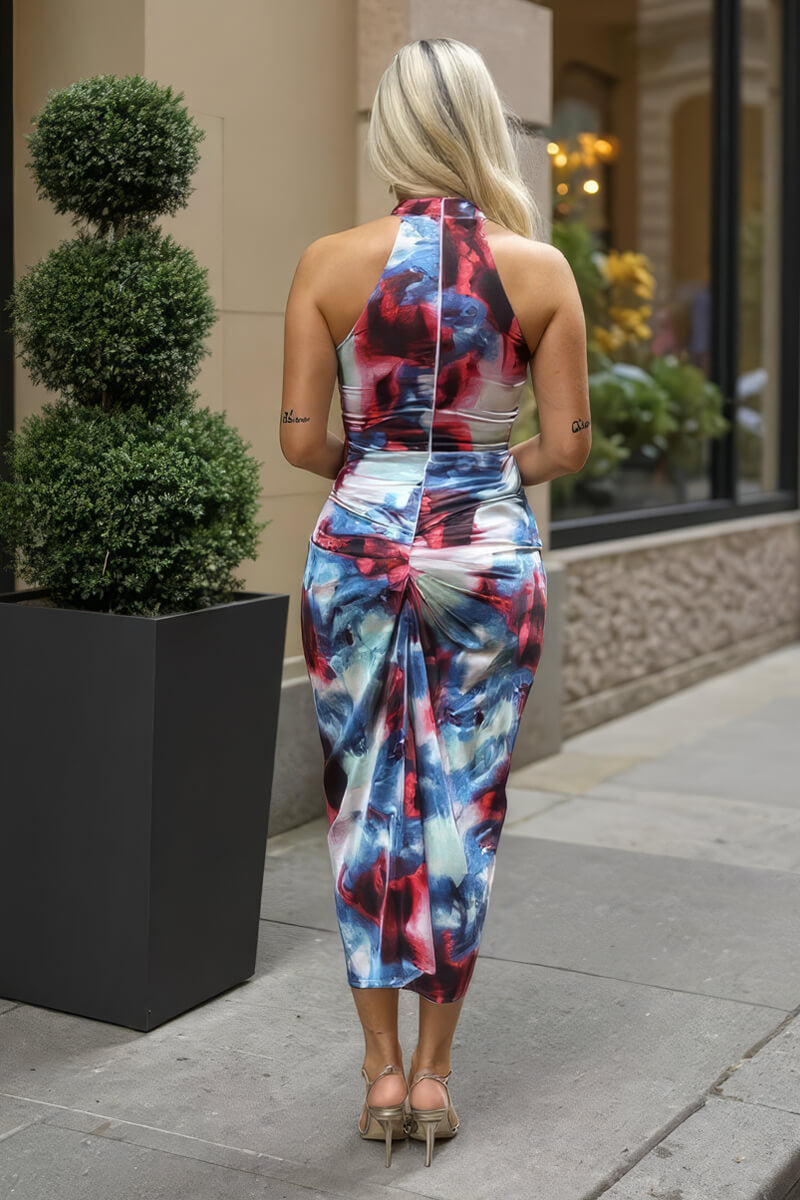 Multi Smudge Print  Halter Neck Knot Skirt Midi Dress