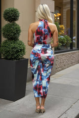 Multi Smudge Print  Halter Neck Knot Skirt Midi Dress
