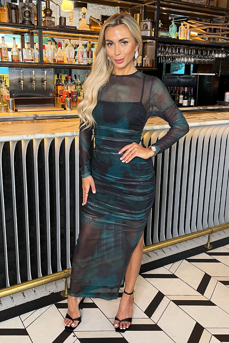 Teal And Black Smudge Print Mesh Overlay Long Sleeve Midi Dress