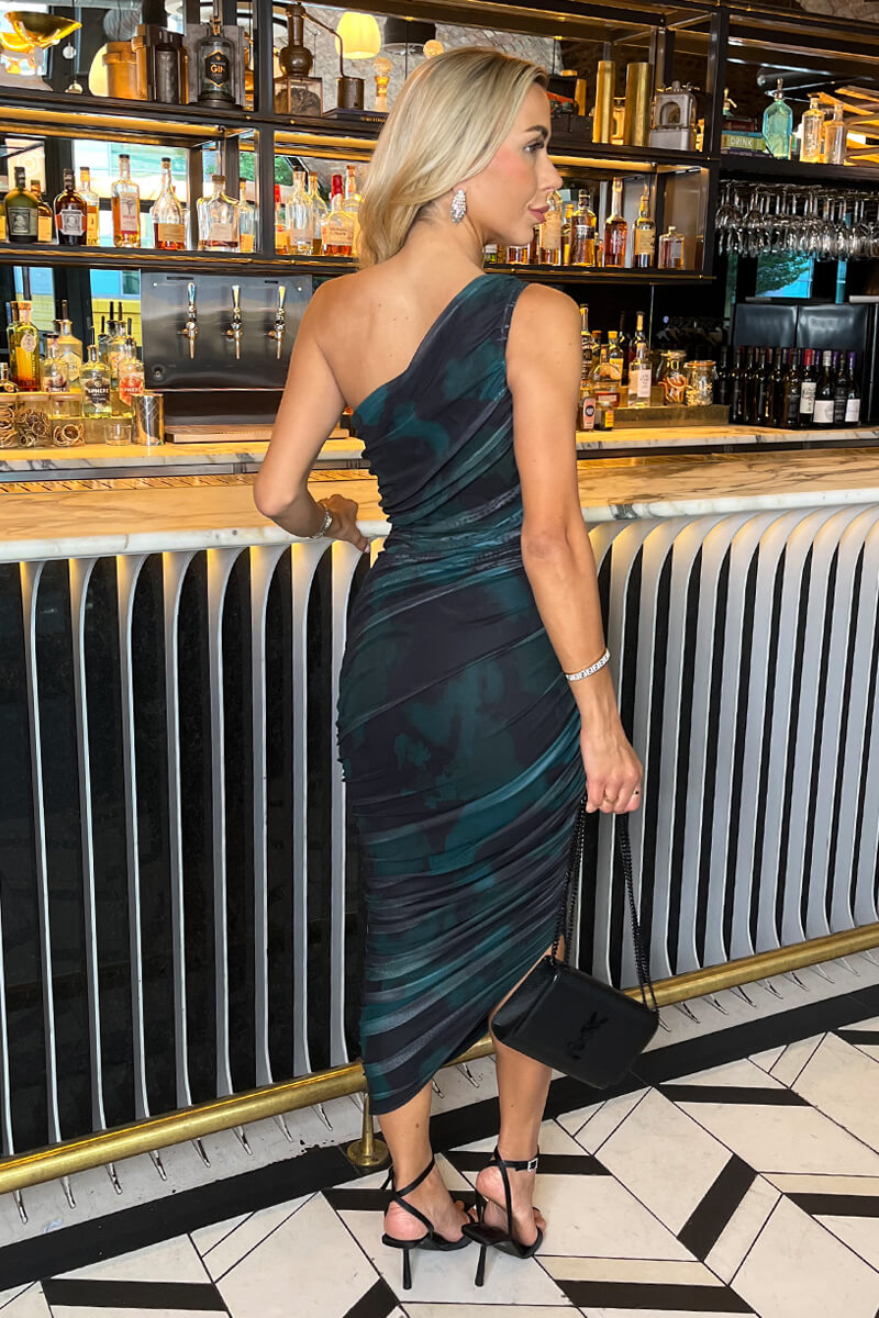 Teal And Black Smudge Print Mesh One Shoulder Asymmetric Hem Midi Dress