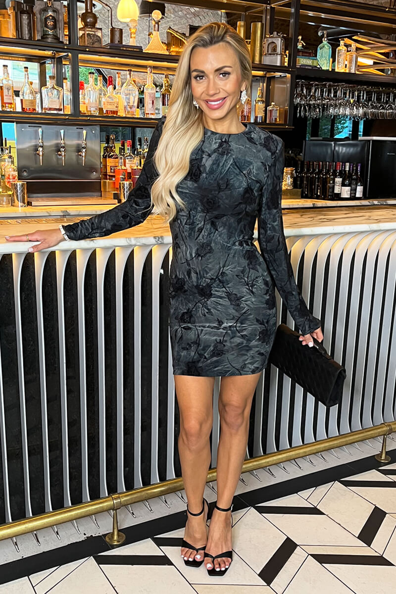 Black And Grey Velour Rose Detail Long Sleeve Mini Dress