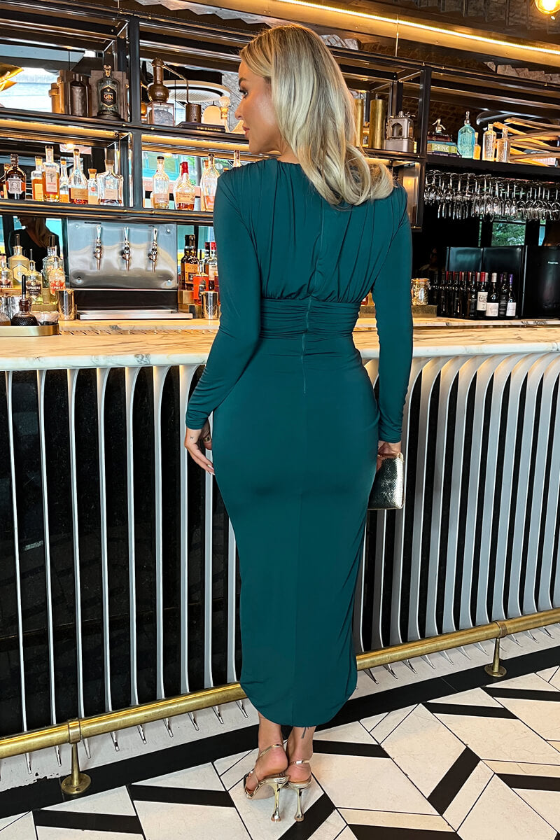 Dark Teal V Neck Long Sleeve Wrap Skirt Midi Dress
