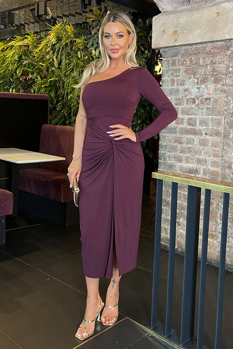 Dark Plum One Sleeve Knot Skirt Midi Dress