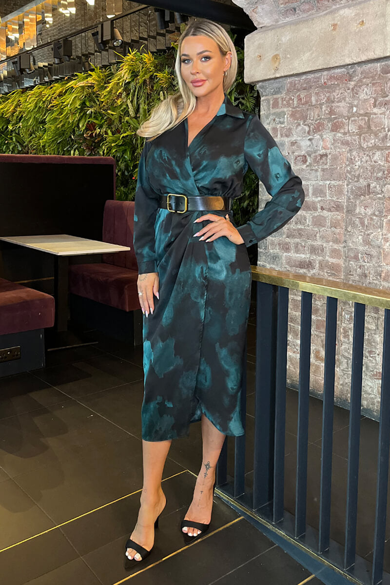 Teal And Black Smudge Print Belted Wrap Midi Shirt Dress