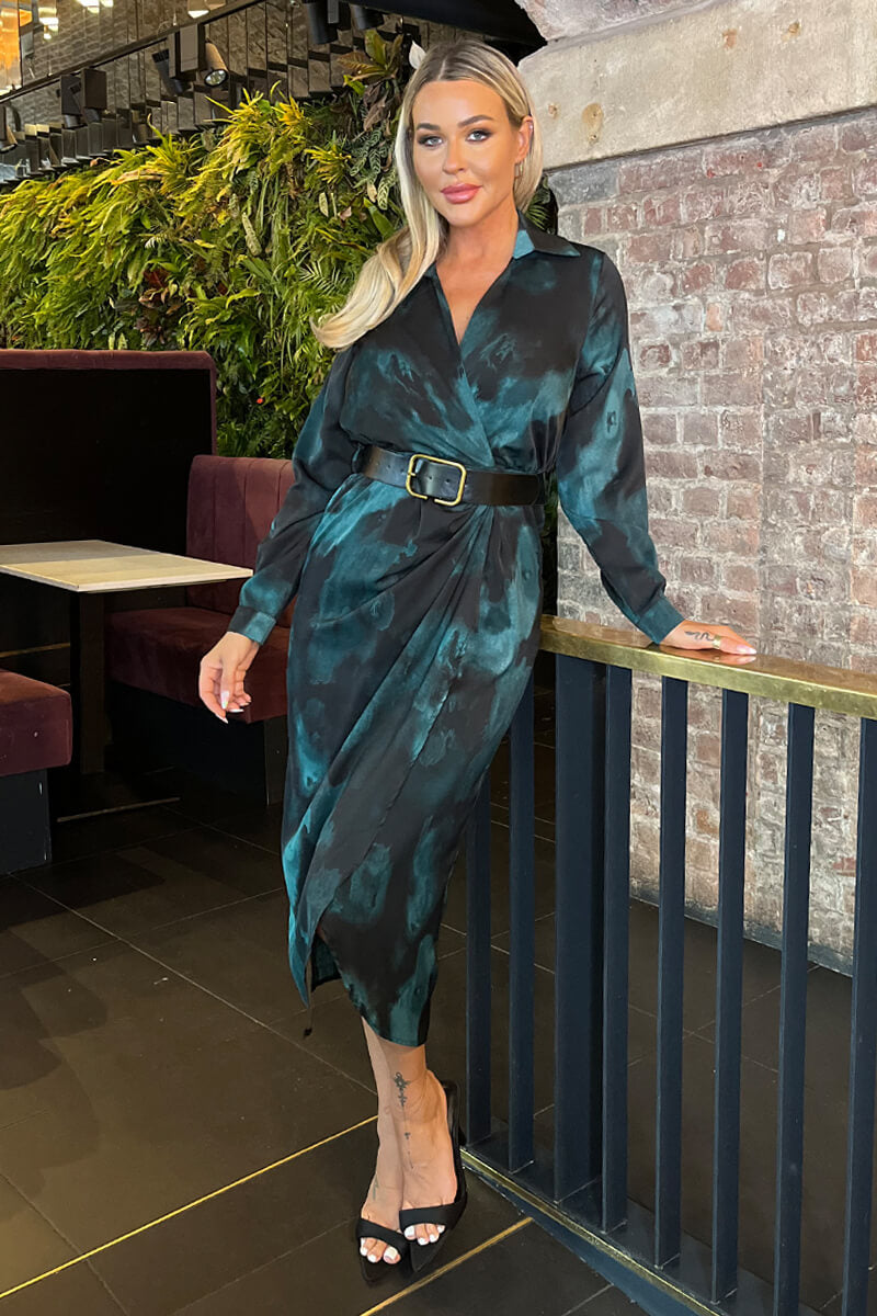 Teal And Black Smudge Print Belted Wrap Midi Shirt Dress