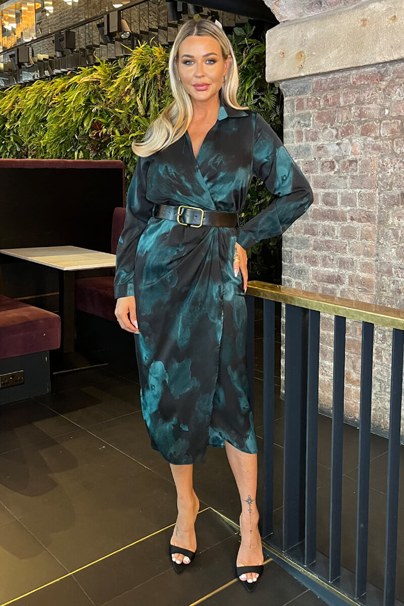 Teal And Black Smudge Print Belted Wrap Midi Shirt Dress