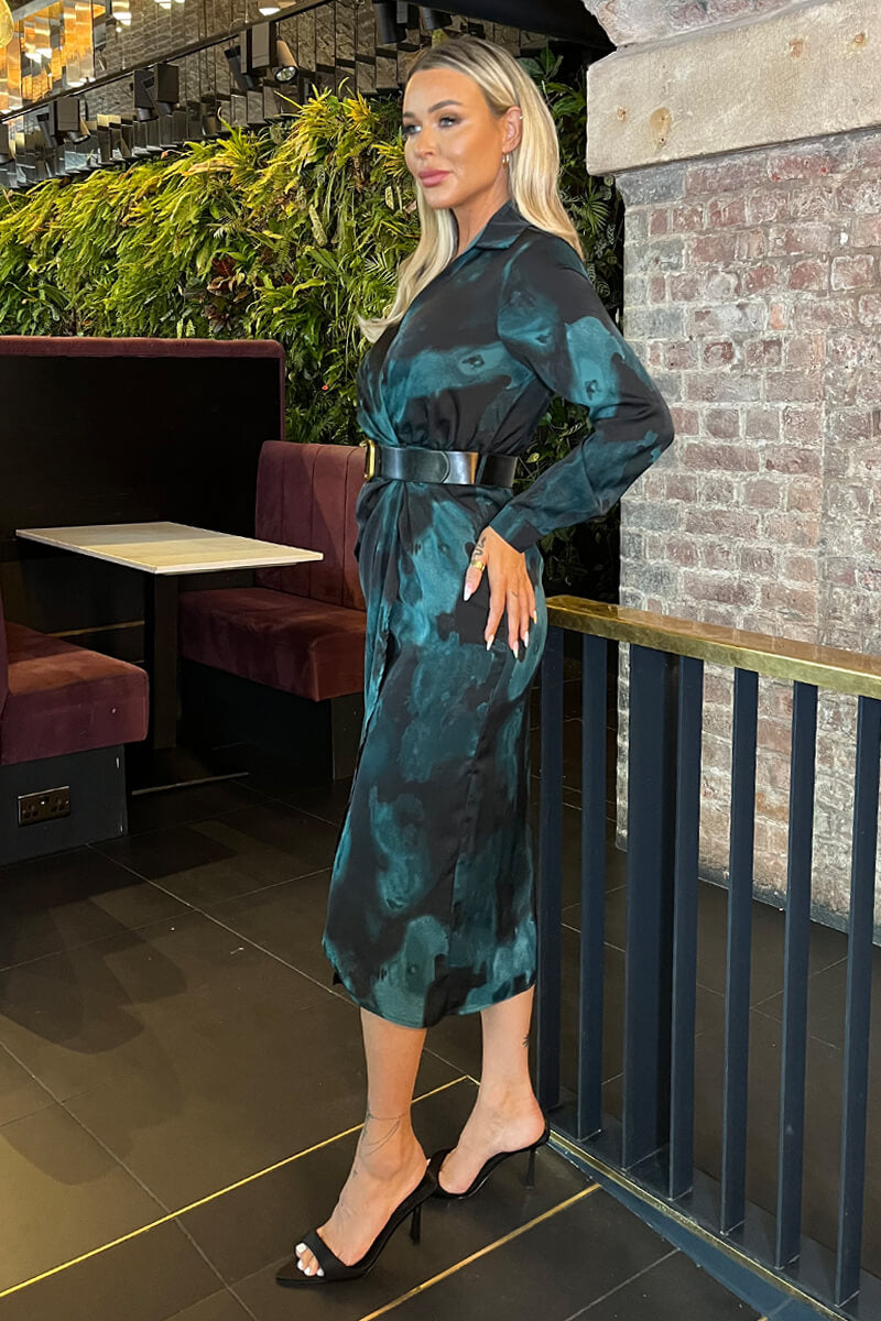 Teal And Black Smudge Print Belted Wrap Midi Shirt Dress