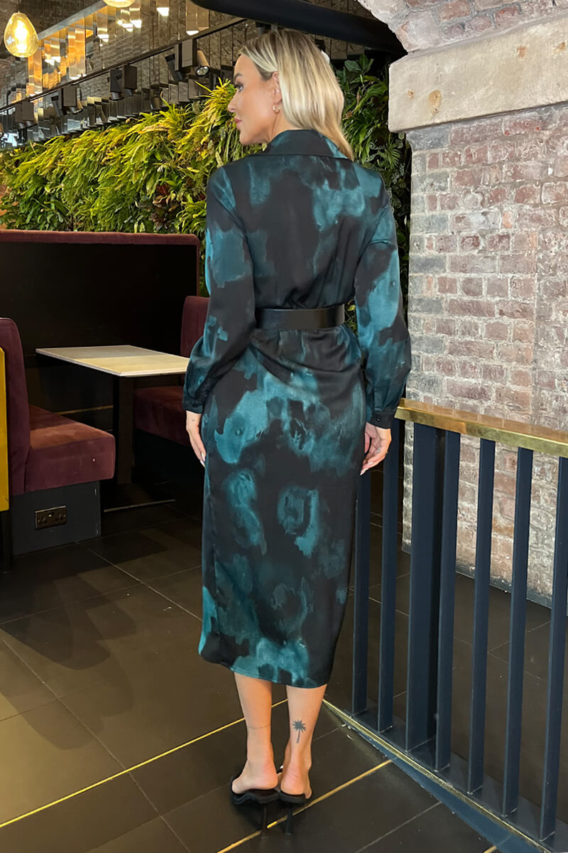 Teal And Black Smudge Print Belted Wrap Midi Shirt Dress